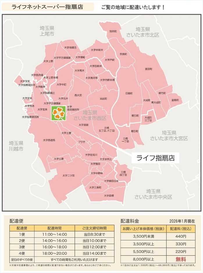 ライフネットスーパー指扇店の配達エリアと料金表