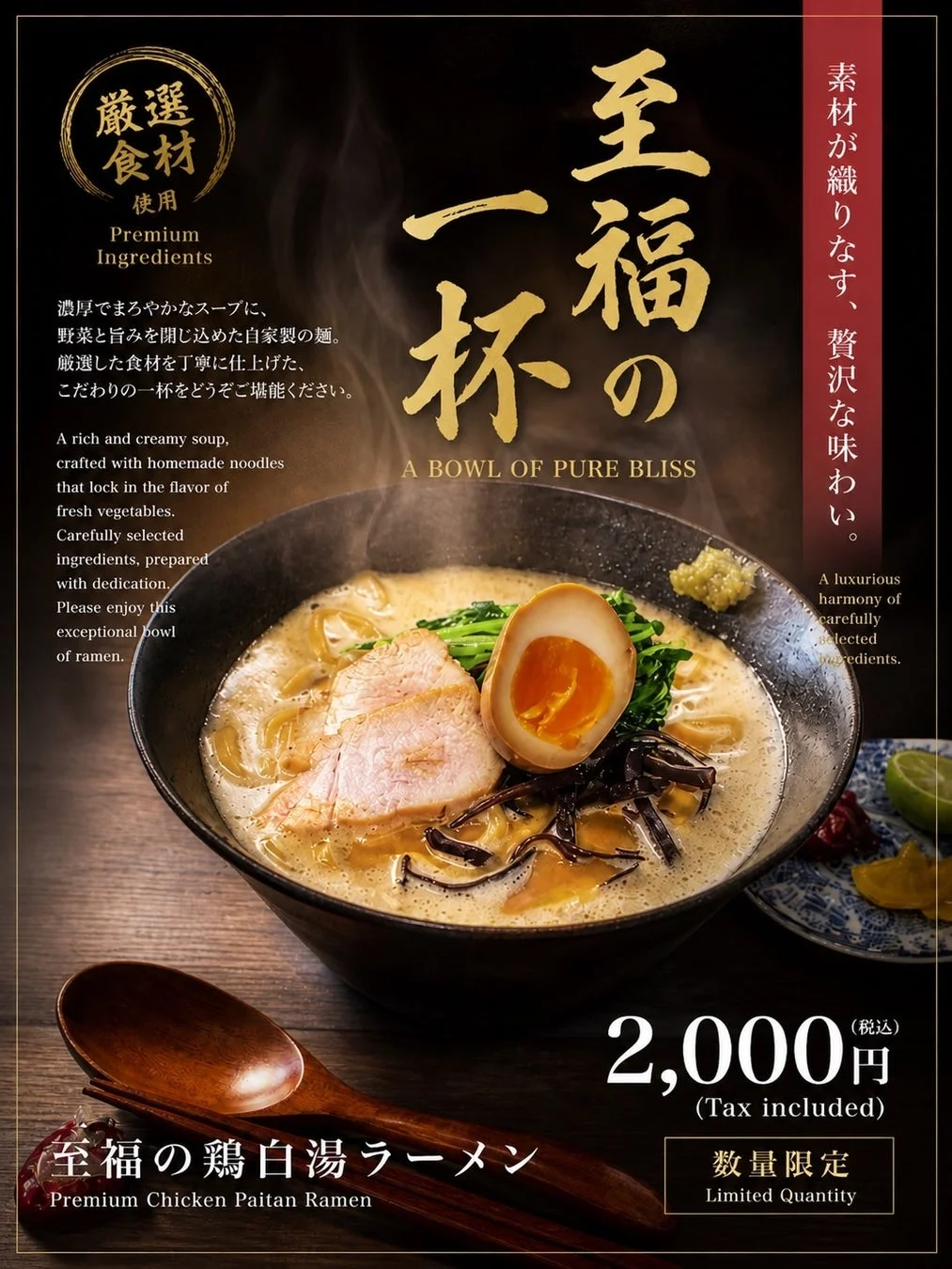 厳選食材を使用した至福の鶏白湯ラーメン