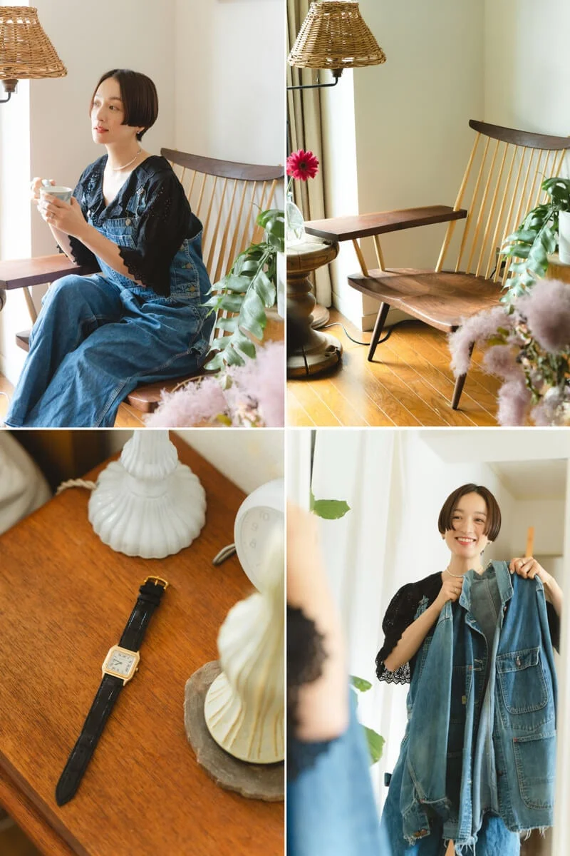 女性、ファッション、デニム、オーバーオール、インテリア、ライフスタイル、椅子、観葉植物、時計、笑顔、ナチュラル、コーディネート