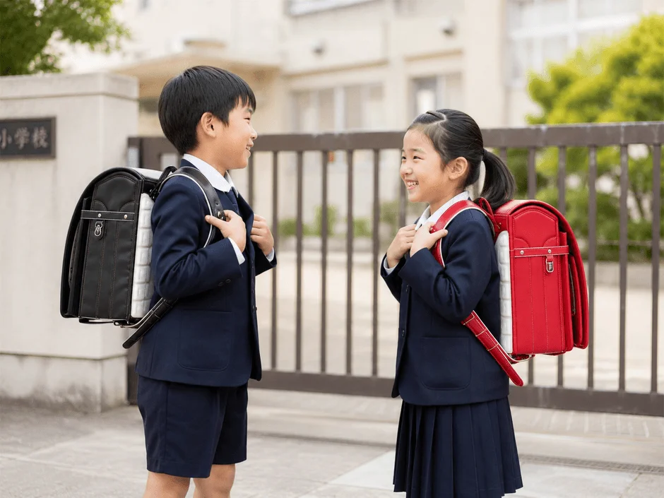 小学校の校門前で、制服を着てランドセルを背負った男の子と女の子が笑顔で向かい合っています