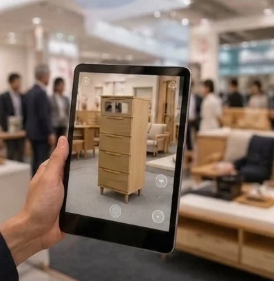 家具店でタブレットを使い、拡張現実(AR)で木製のチェストを仮想的に配置している様子です。