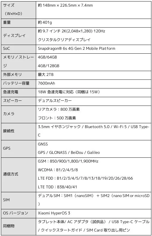 REDMI Pad 2 9.7 4G スペック表