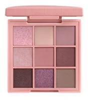 ピンクのコンパクトケースに入った9色のアイシャドウパレット。ピンク、ブラウン、モーヴ系の様々な色合いのマットやラメのシャドウが含まれています。