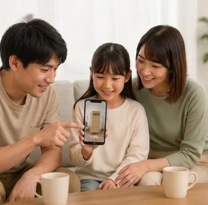 リビングのソファでくつろぐ家族3人が、娘が持っているスマートフォンを囲んで笑顔で見ています。スマホ画面には家具の画像が表示されており、ARアプリなどで家具の配置をシミュレーションしている様子です。