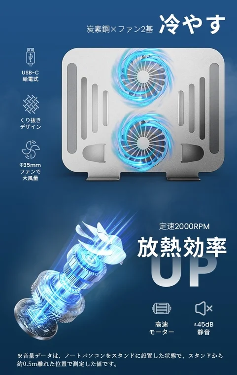 炭素鋼製で2基の冷却ファンを搭載したUSB-C給電式ノートパソコンスタンド