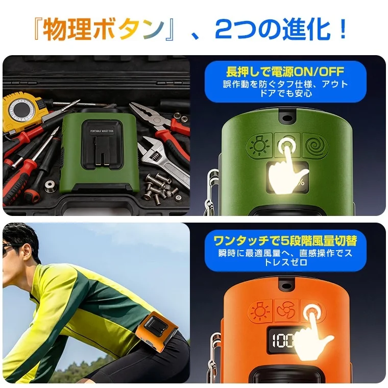 「物理ボタン」、2つの進化！長押しで電源ON/OFF 誤作動を防ぐタフ仕様、アウトドアでも安心 PORTABLE WAIST FAN ワンタッチで5段階風量切替 瞬時に最適風量へ、直感操作でストレスゼロ