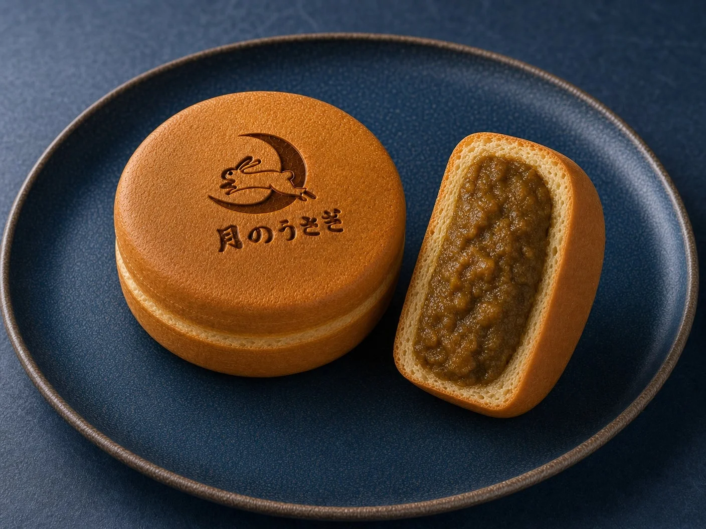 「月のうさぎ」という焼印が押された和菓子が深皿に盛られており、一つは半分に切られて中に緑色のあんが見えています