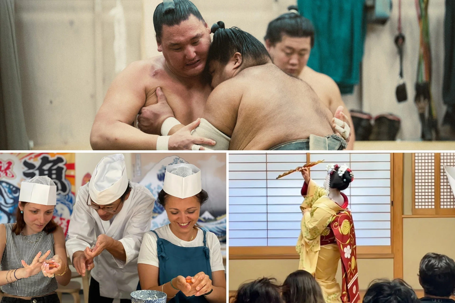 相撲の稽古風景、外国人観光客が寿司作りを体験する様子、そして舞妓または芸妓による伝統舞踊のパフォーマンスを捉えた、日本の多様な文化体験を示す画像です。