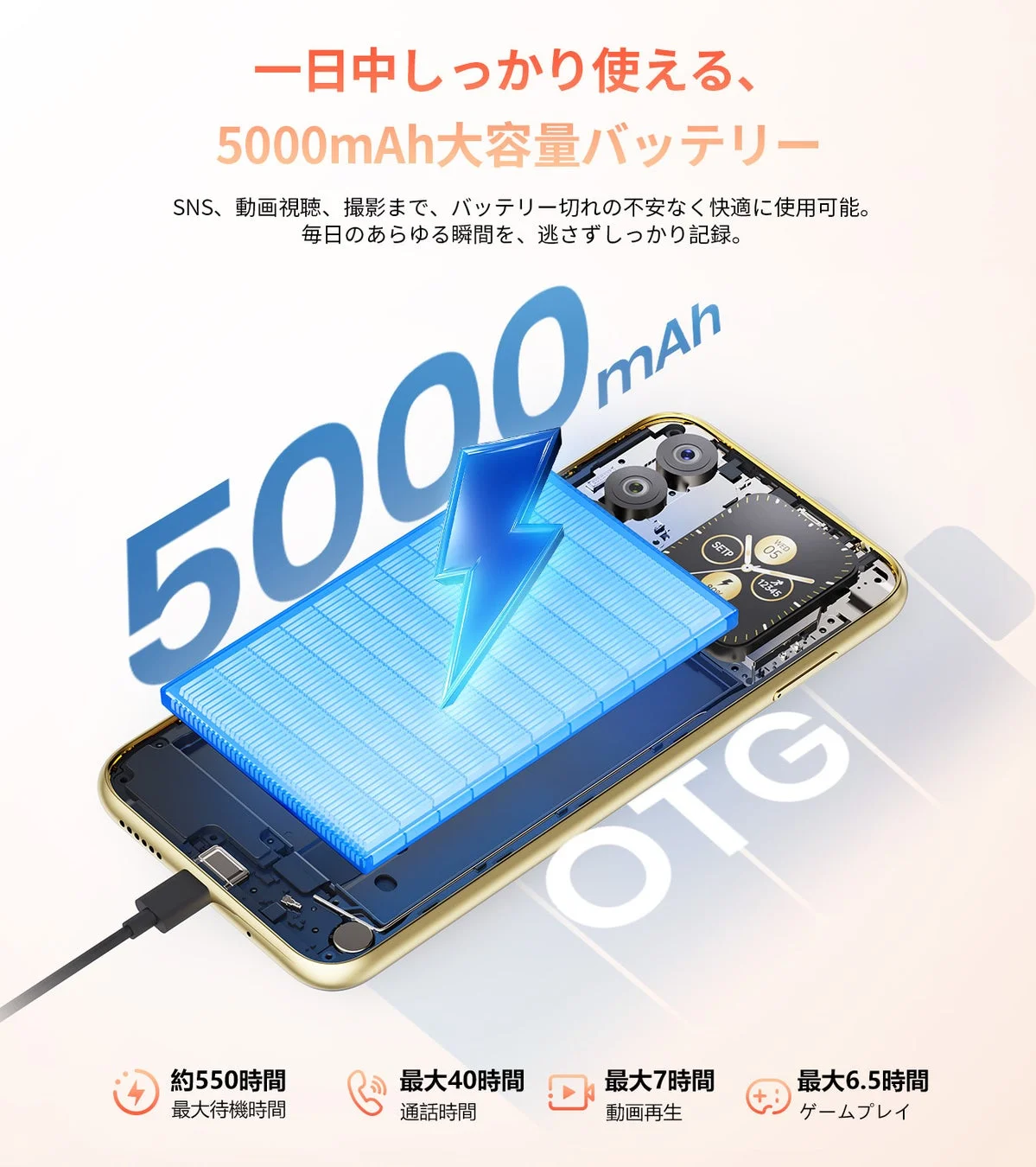 5000mAh大容量バッテリー