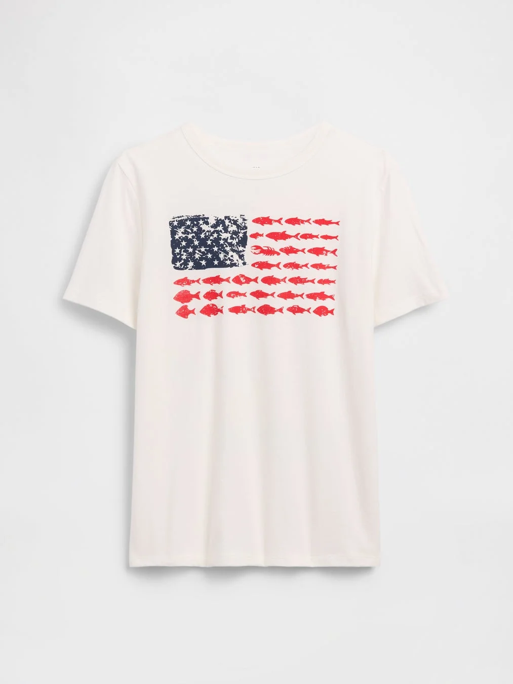 オフホワイトのTシャツに、星条旗をモチーフにしたグラフィックが描かれています