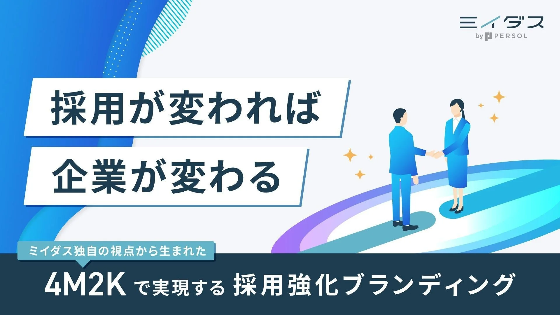 「採用が変われば企業が変わる」というメッセージを掲げ、ミイダスが提供する「4M2K」による採用強化ブランディングを紹介するビジュアルです。ビジネスパーソンが握手するイラストが特徴的です。