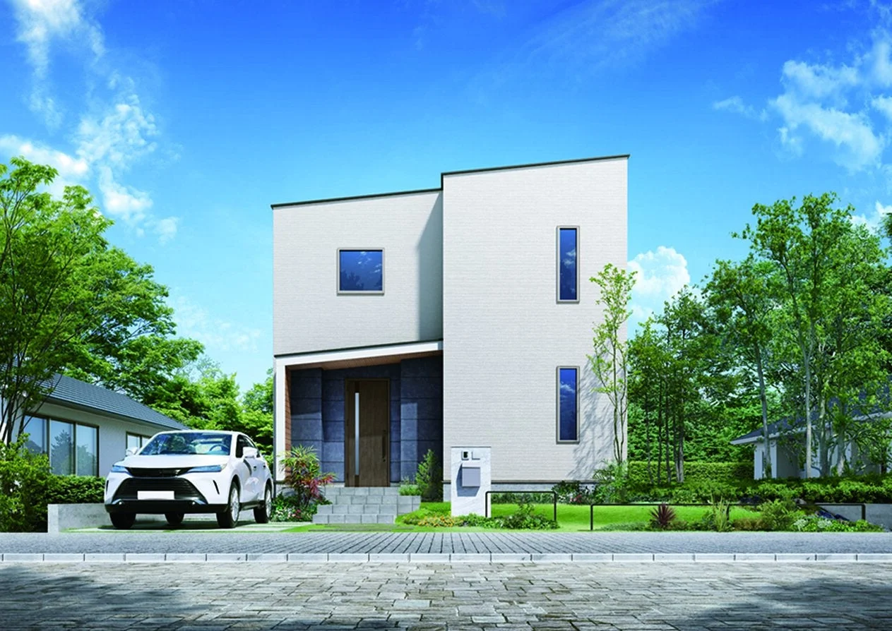 住宅、家、現代建築、白い家、戸建て、車、庭、青空、外観、不動産