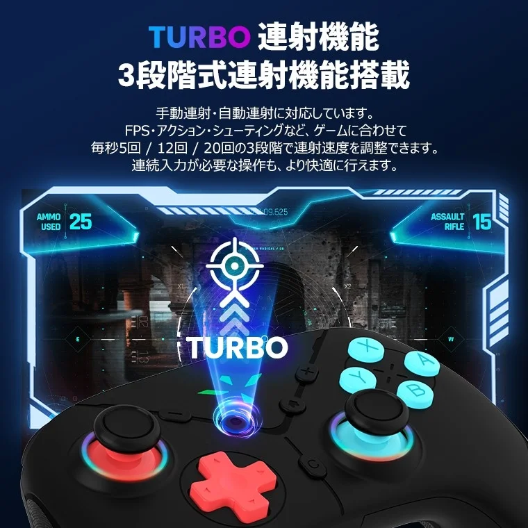 TURBO 連射機能 3段階式連射機能搭載 手動連射・自動連射に対応しています。 FPS・アクション・シューティングなど、ゲームに合わせて 毎秒5回 / 12回 / 20回の3段階で連射速度を調整できます。 連続入力が必要な操作も、より快適に行えます。