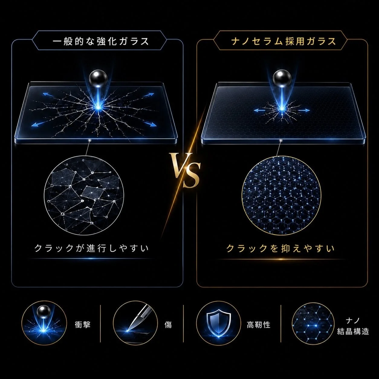 一般的な強化ガラスとナノセラム採用ガラスの比較