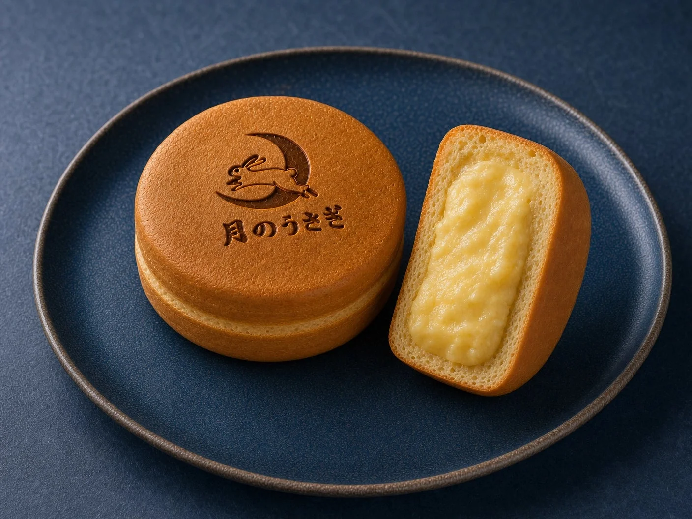 青い皿に置かれた和菓子「月のうさぎ」。一つは丸い形で、もう一つは半分に切られ、中の黄色いクリームが見えています
