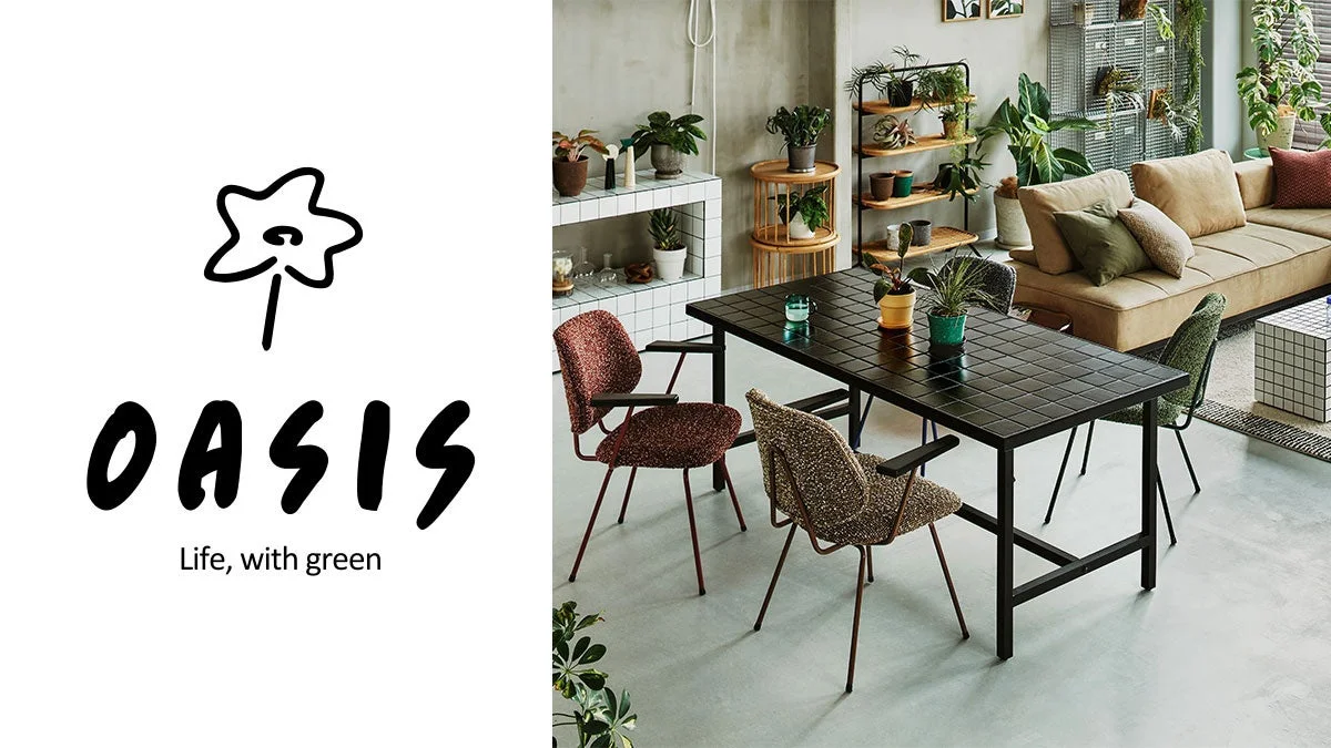 OASIS Life, with greenのロゴとモダンなリビング・ダイニング空間
