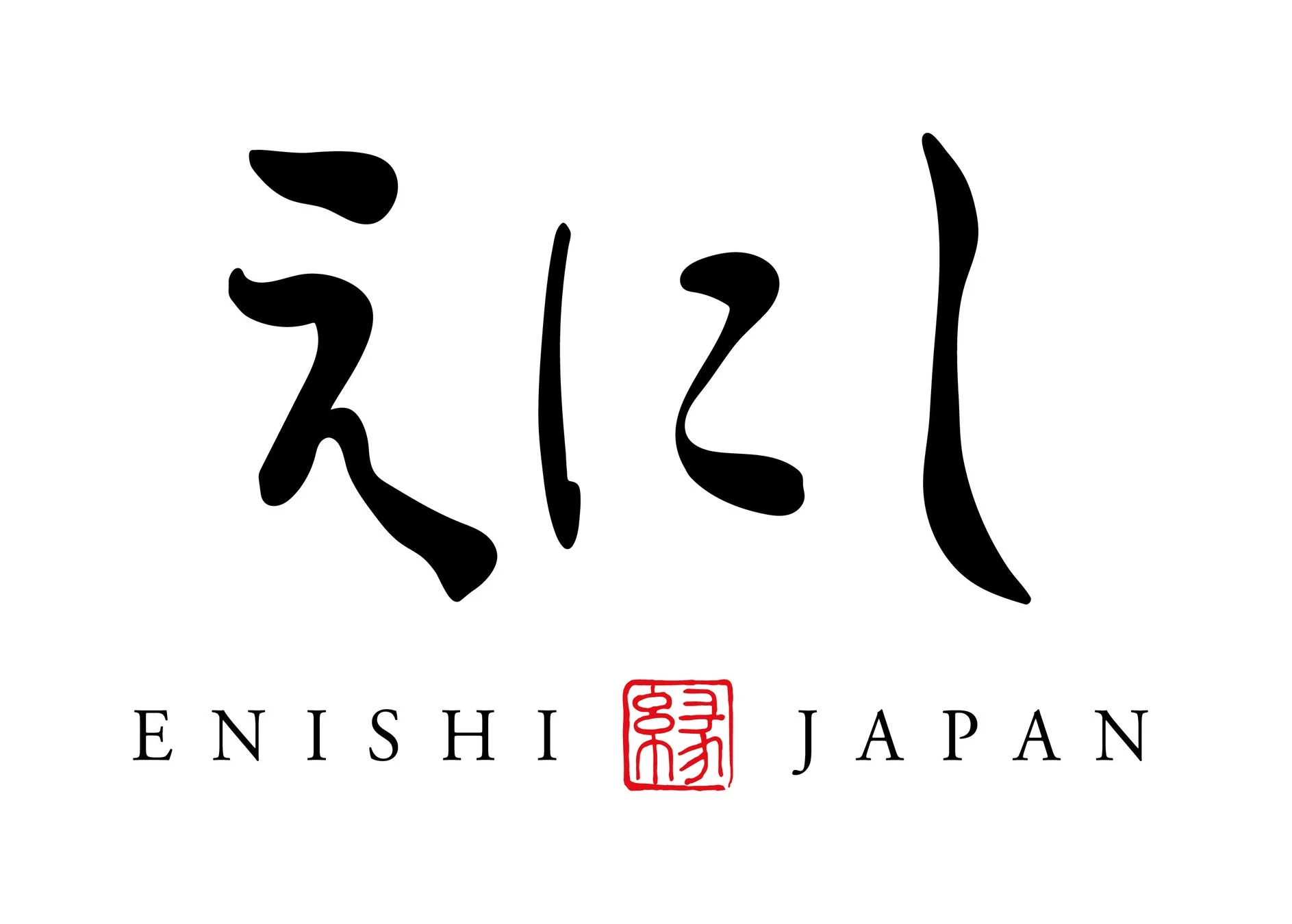 白背景に「えにし」という日本語のカリグラフィーと、その下に英語で「ENISHI JAPAN」の文字が配置されたロゴ
