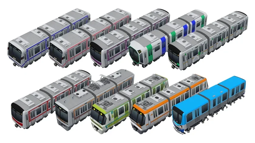 白背景に、様々な色とデザインの鉄道車両が二列に整然と並べられています。