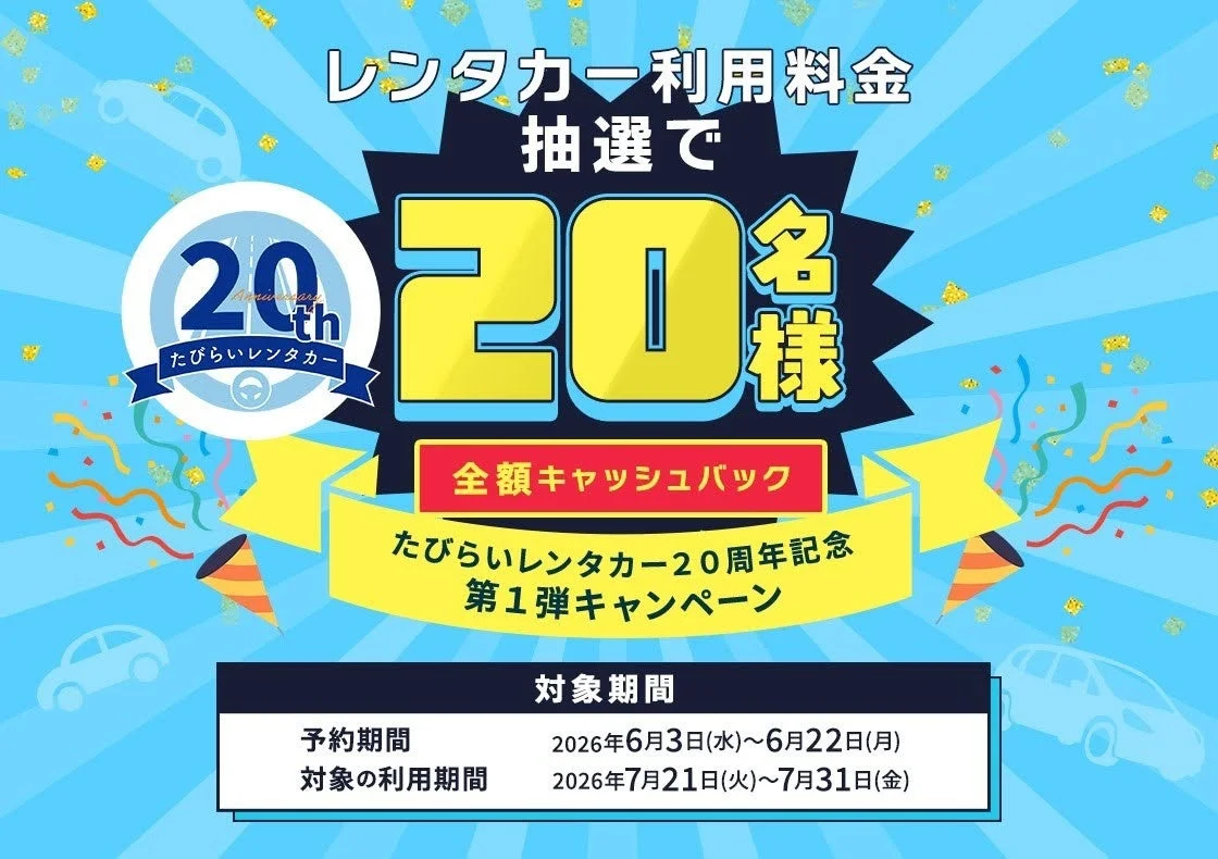 レンタカー利用料金 抽選で20名様 全額キャッシュバック