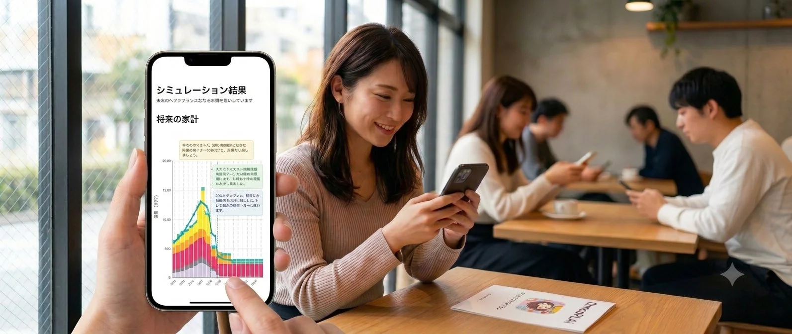 カフェでスマートフォンを使ってマネープランを検討する女性