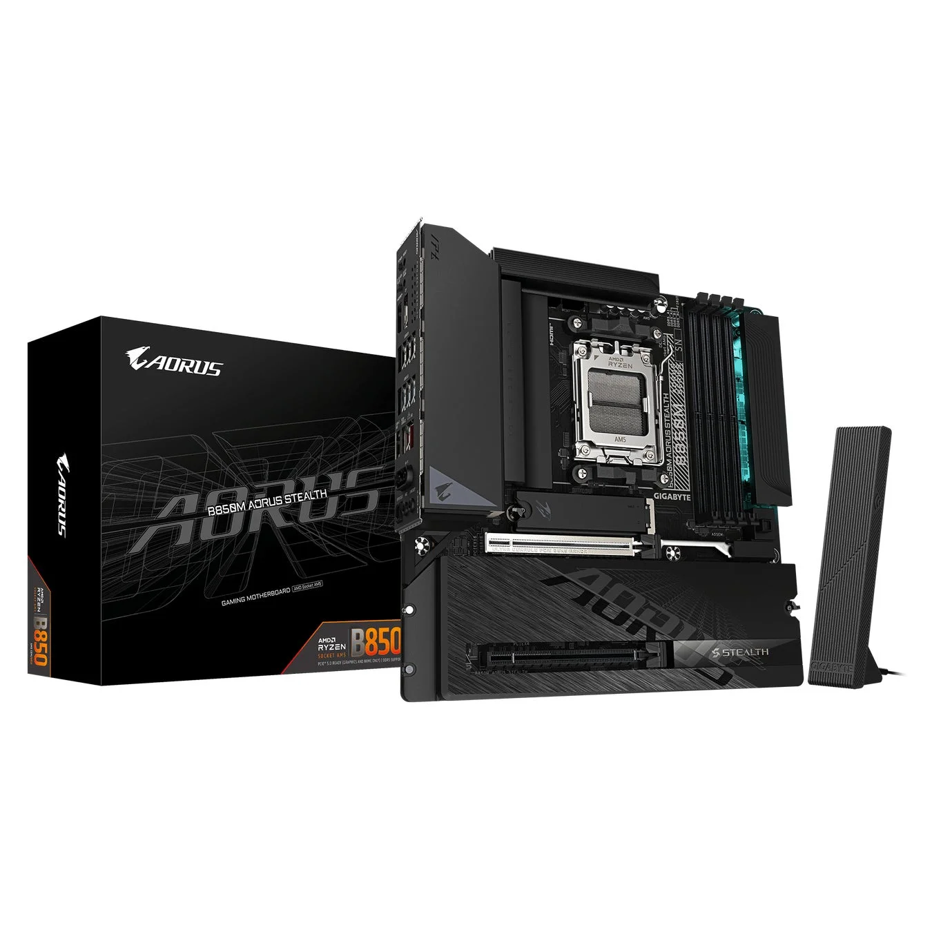 GIGABYTE AORUS B850M STEALTHゲーミングマザーボードとパッケージ