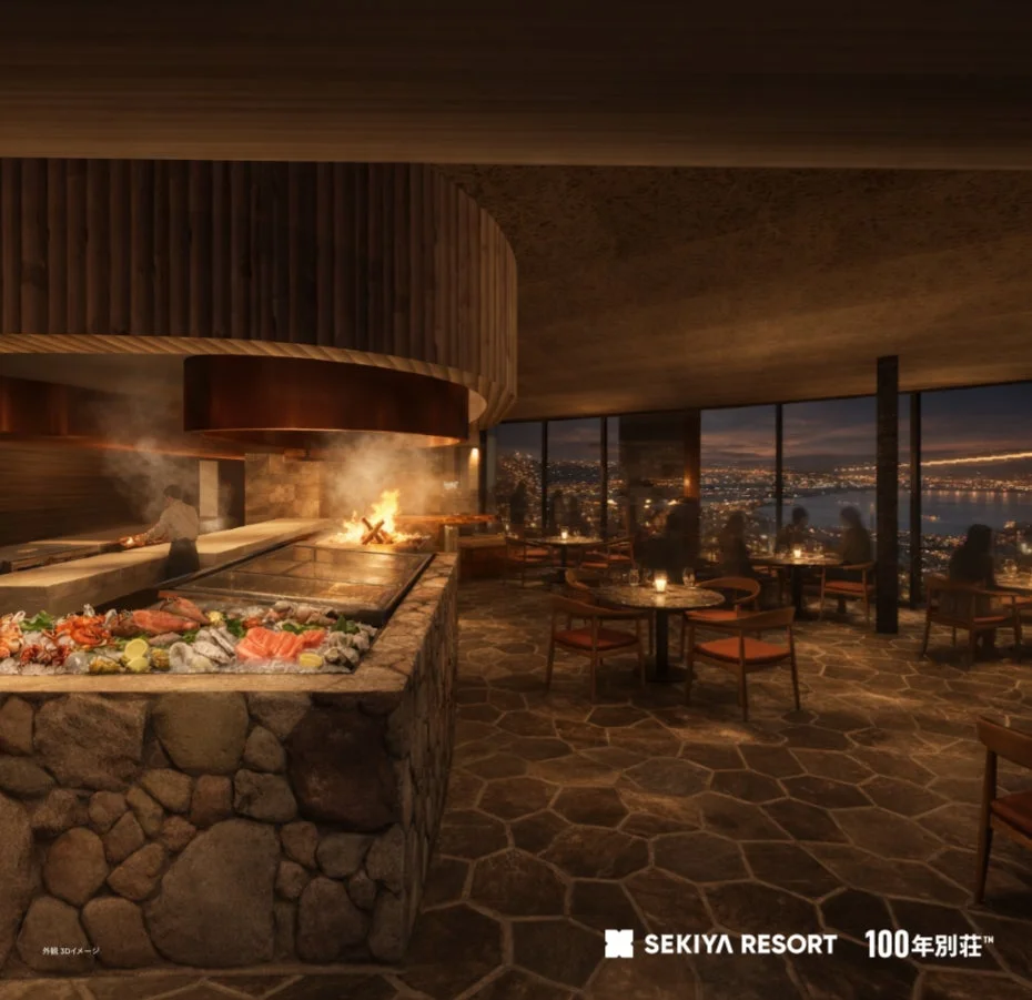 レストラン、グリル、シーフード、炉端焼き、夜景、リゾート、ホテル、ダイニング、豪華、炎、料理、食事、室内、窓際、都市景観、関屋リゾート