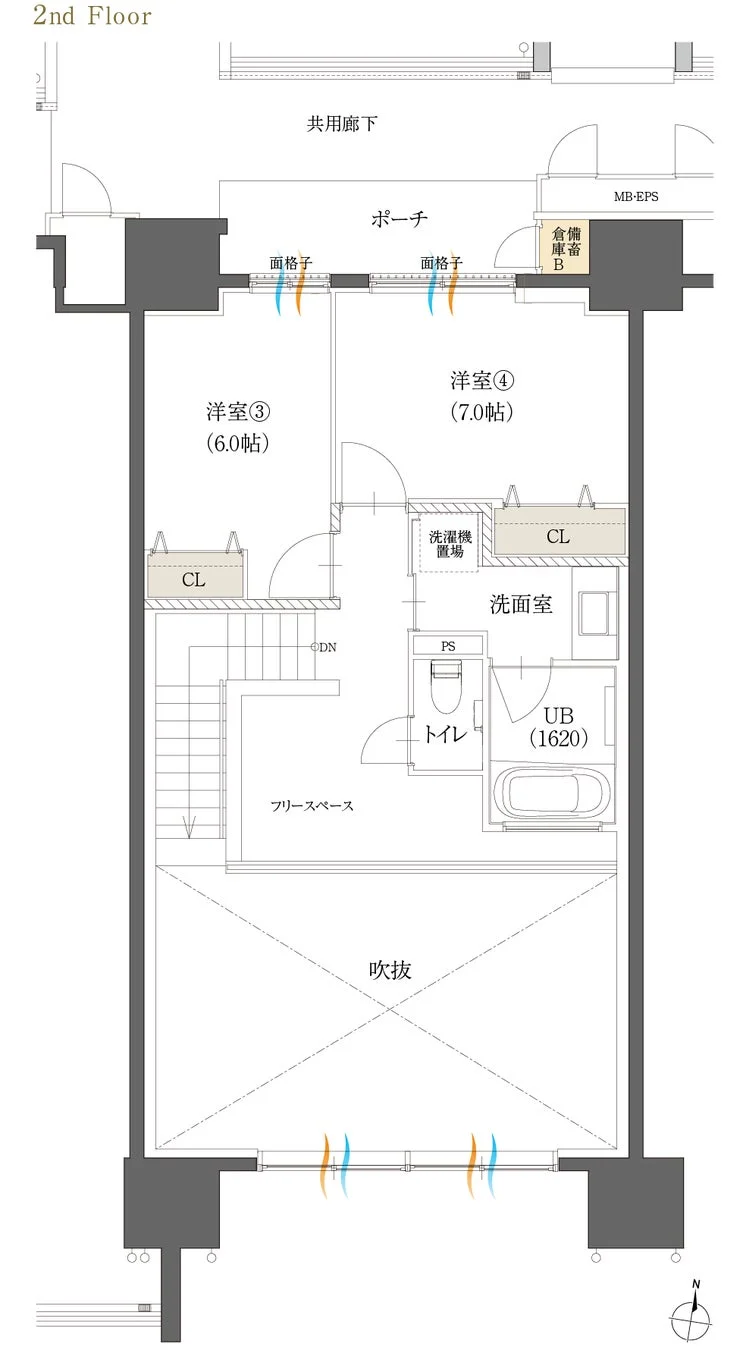 2階の間取り図で、洋室2部屋（6.0帖、7.0帖）と洗面室、トイレ、ユニットバス、洗濯機置場があります。ポーチ、共用廊下、備蓄庫、フリースペース、吹抜も配置されており、機能的な居住空間を示しています。