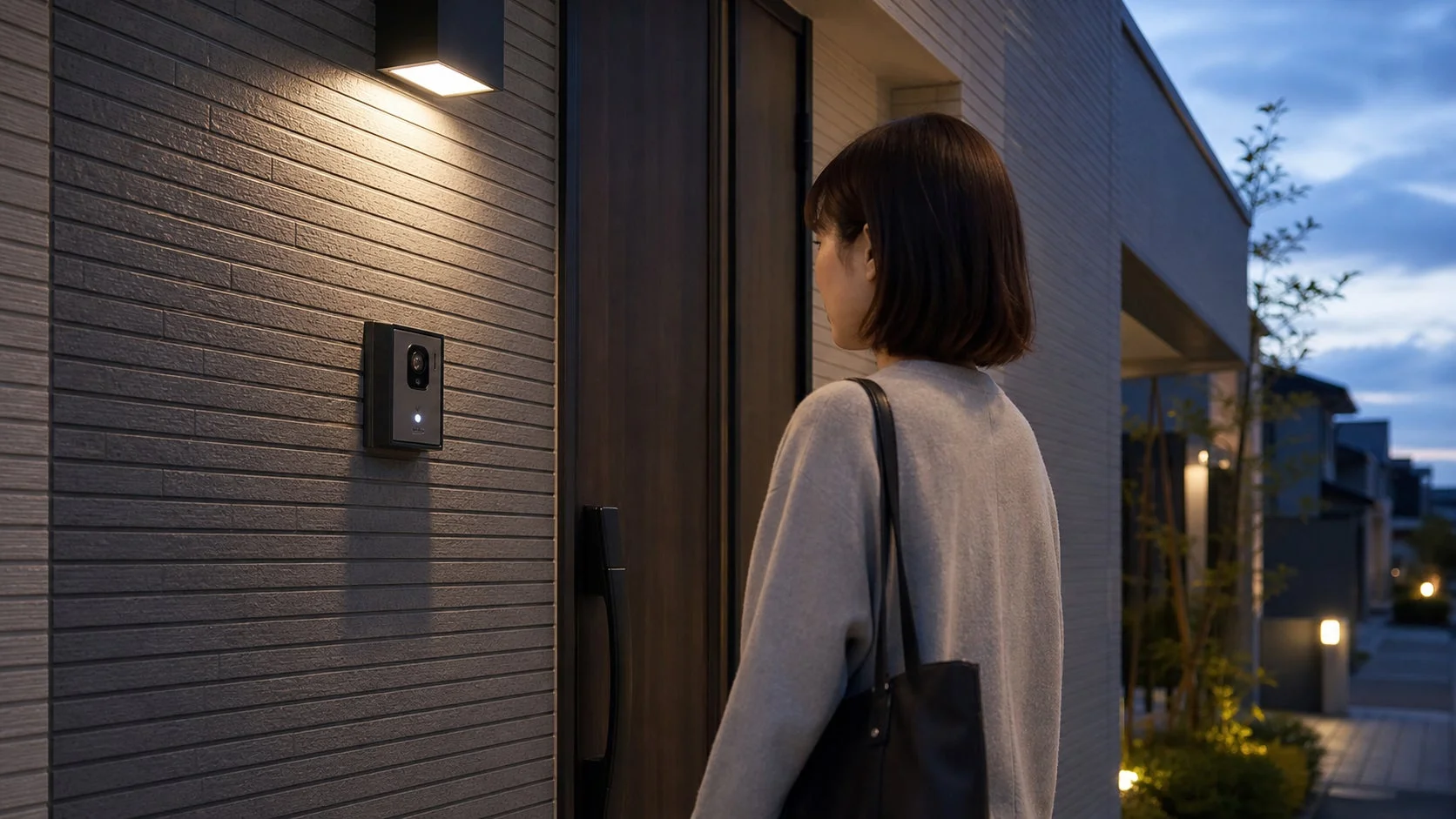 夕暮れ時、現代的な住宅の玄関に立つ女性の後ろ姿