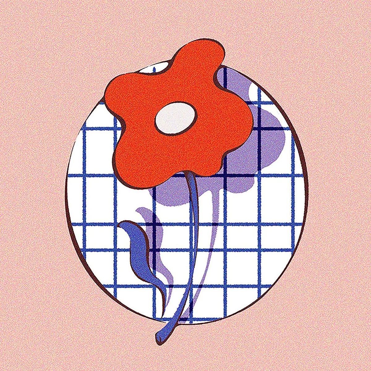 ピンクの背景に、格子柄の円の中に赤い花と青い茎が描かれたイラスト