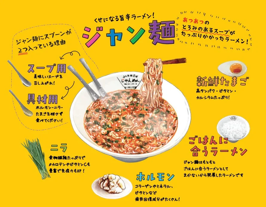 「ジャン麺」という旨辛ラーメンの広告で、とろみのある熱々スープが特徴です。