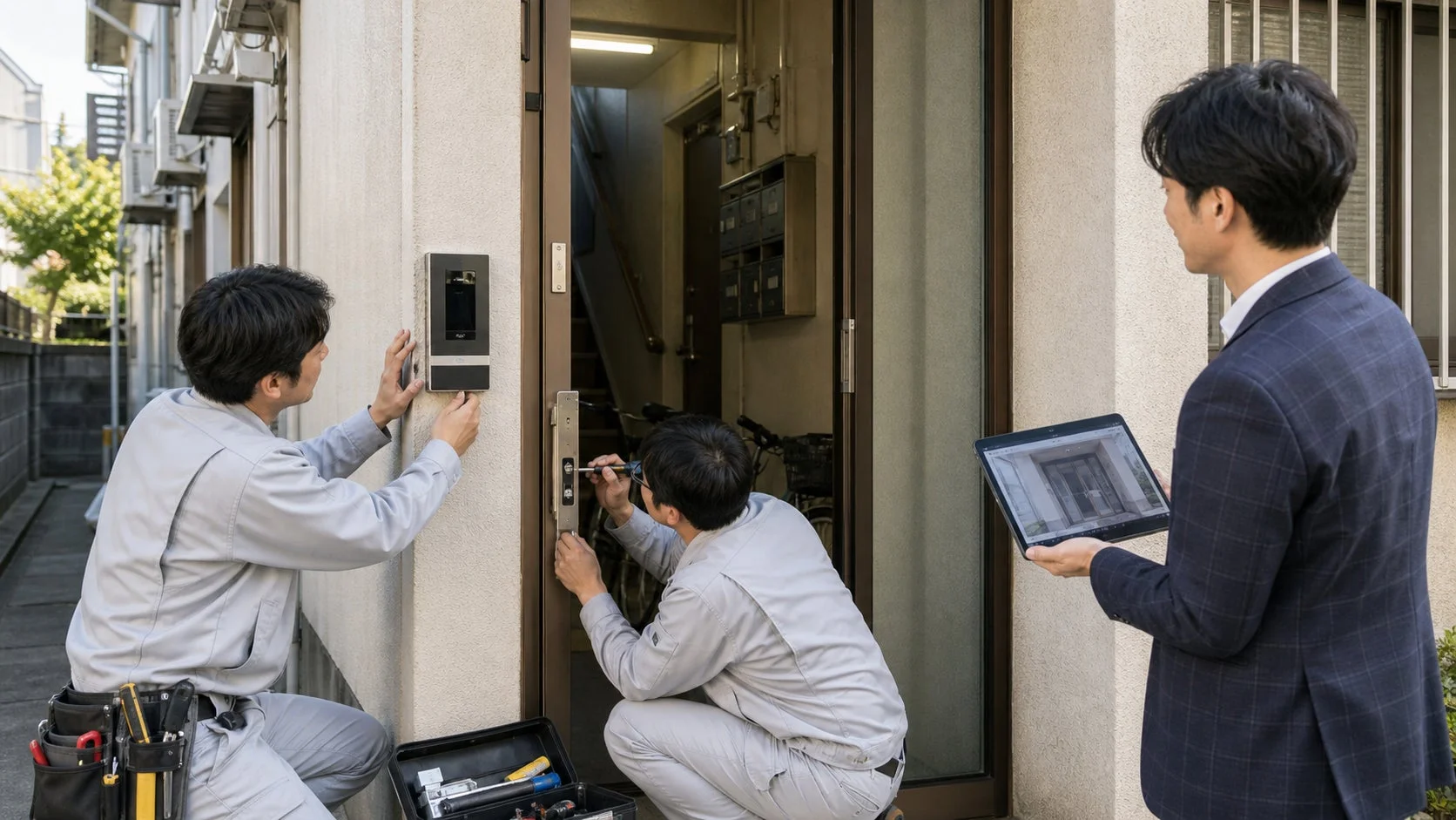 集合住宅のエントランスで作業員2名がドアホンと鍵の設置作業を行っている
