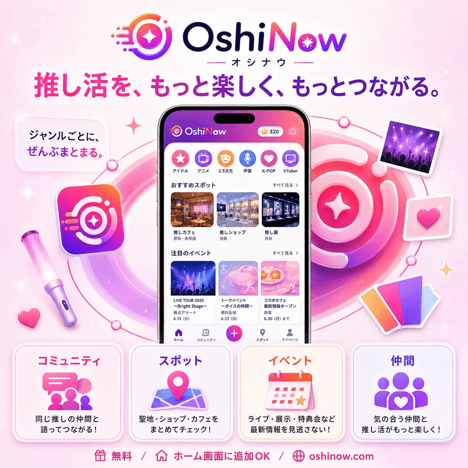 OshiNowの主な特徴と利用シーンを示す画像