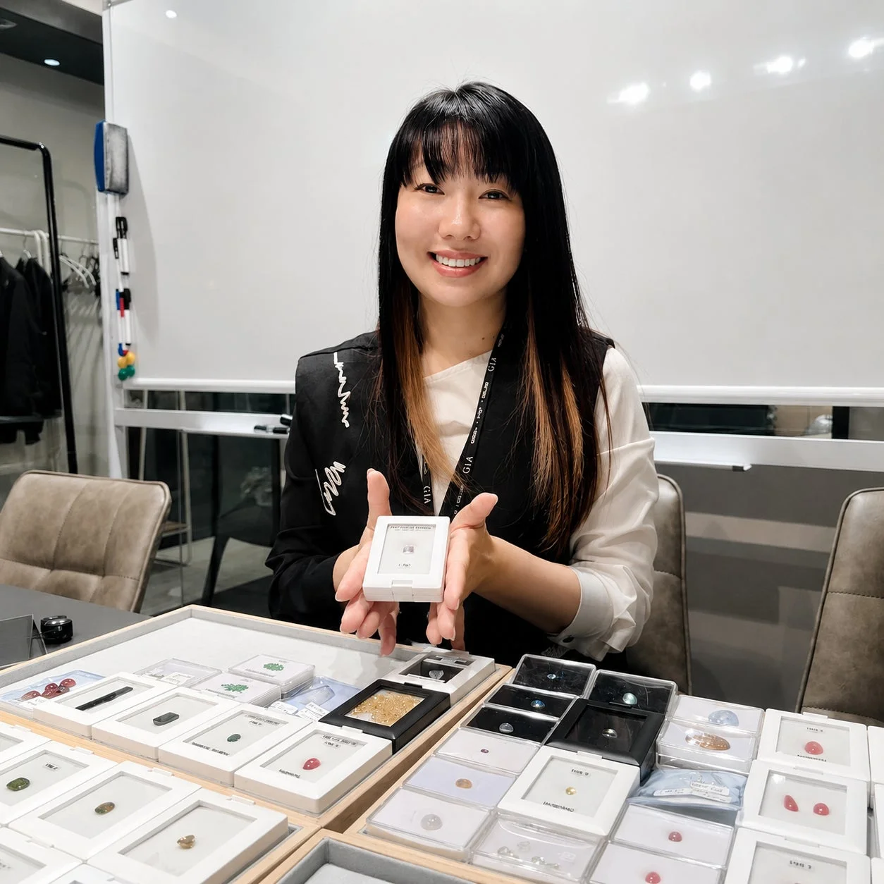 笑顔の女性が宝石の展示ブースで小さなダイヤモンドのケースを手にしている