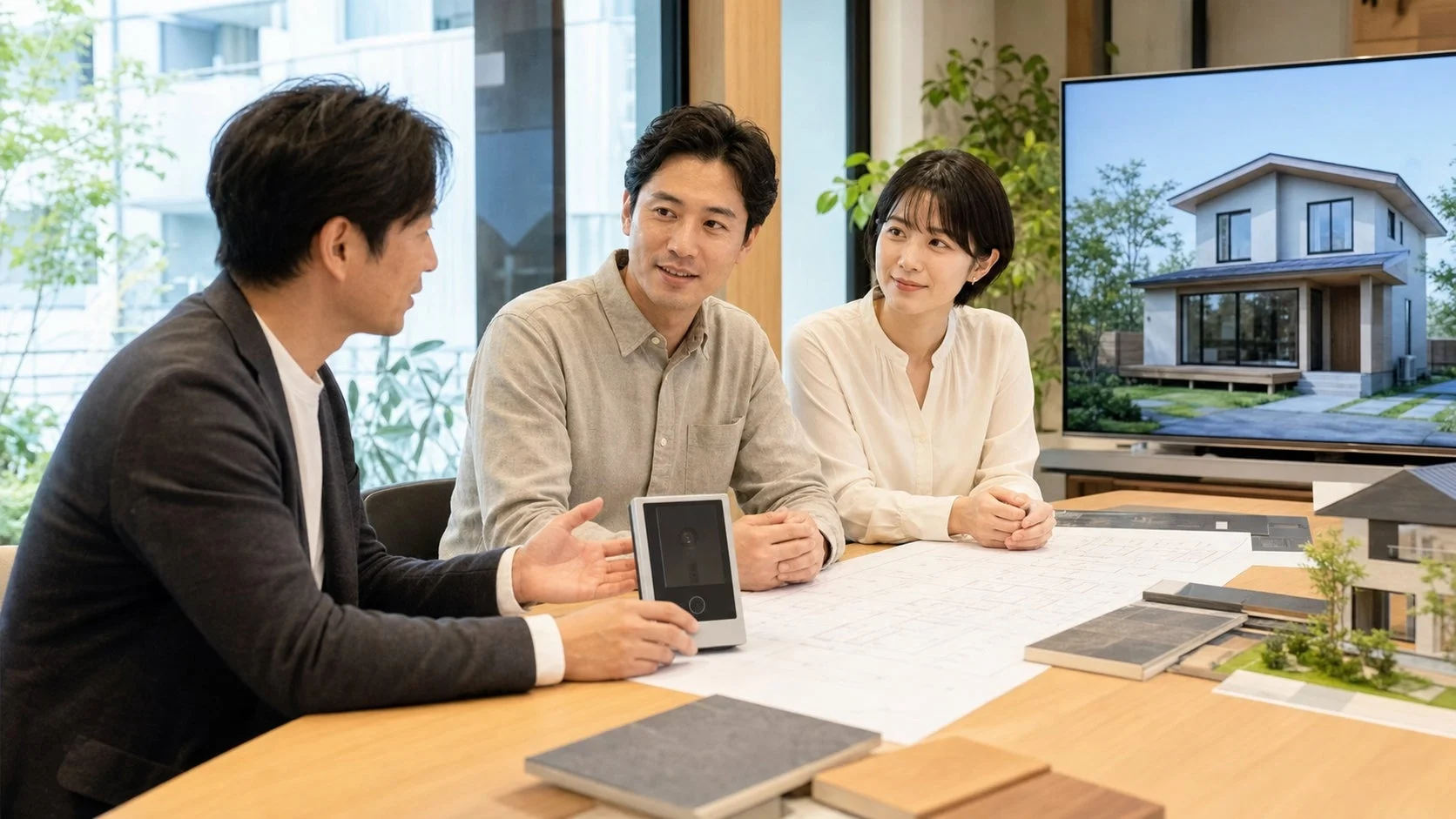 住宅の購入や新築を検討する夫婦が、担当者と打ち合わせをしている様子