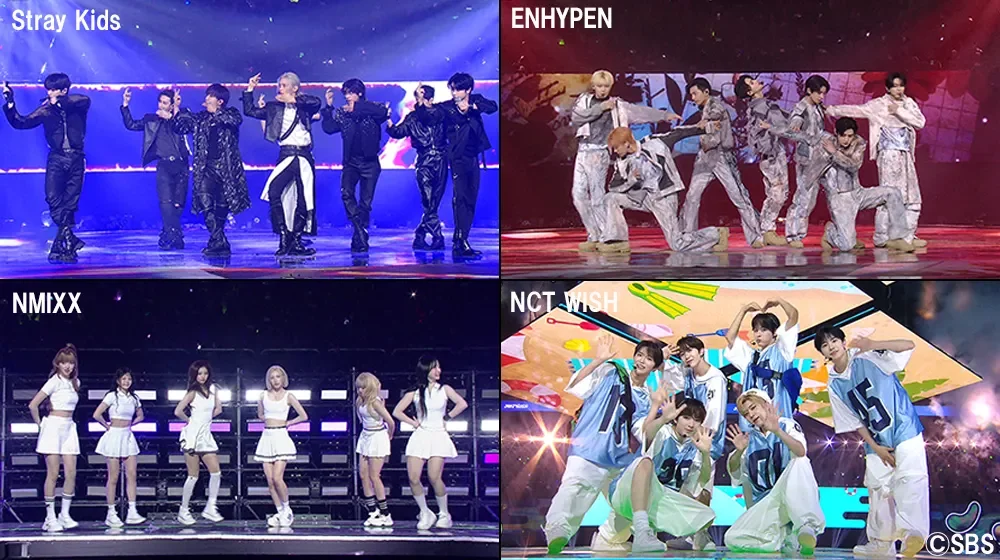 Stray Kids、ENHYPEN、NMIXX、NCT WISHの4組のK-POPグループがそれぞれのステージでパフォーマンスしている様子