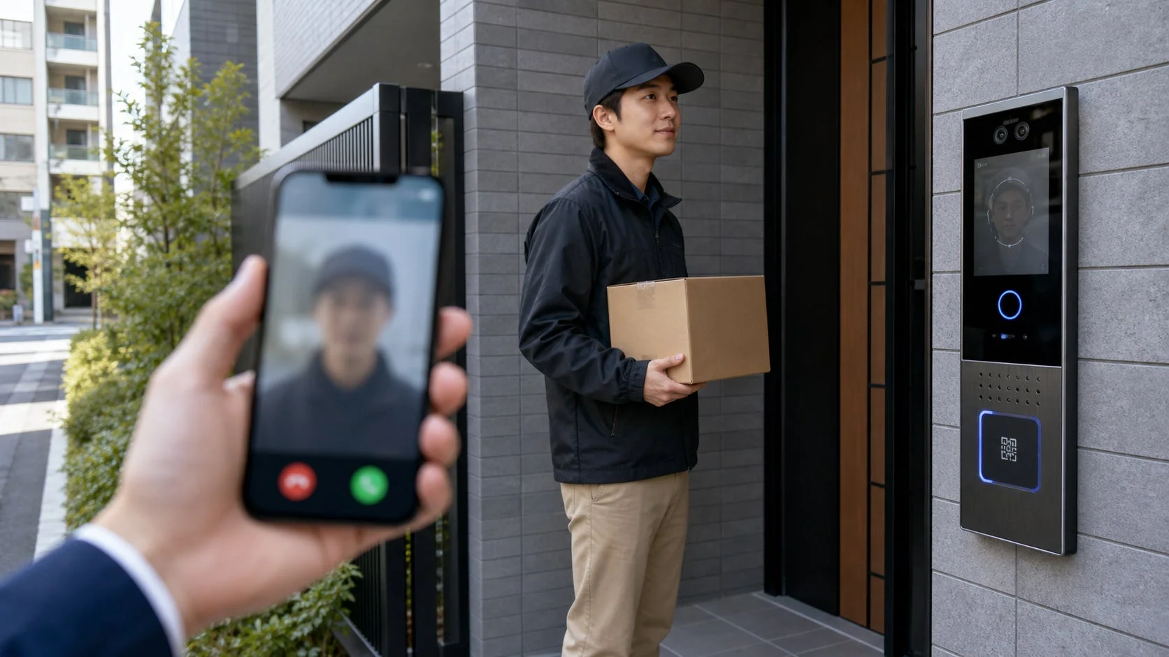 配達員が荷物を持ってマンションのエントランスにあるスマートインターホンに映っており、居住者がスマートフォンでその映像を確認している様子