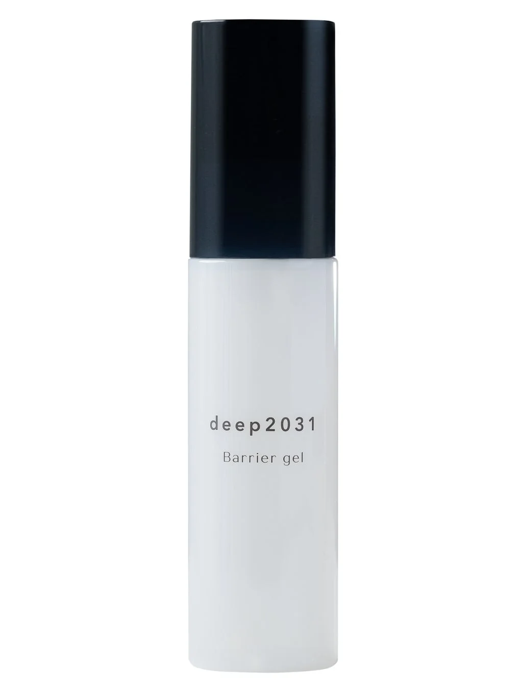 白いボトルと黒いキャップの化粧品「deep2031 Barrier gel」