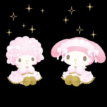 マイメロディとマイスウィートピアノがドレスを着て座っているイラスト
