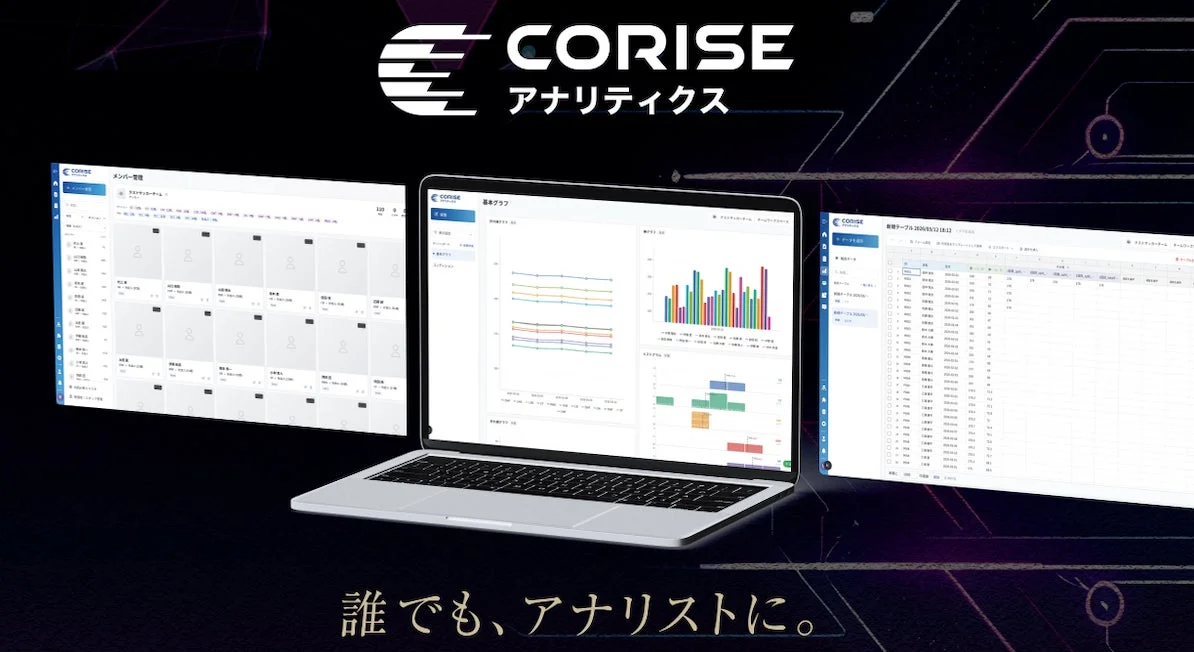 「CORISE アナリティクス」のロゴと「誰でも、アナリストに。」というメッセージが印象的な画像。ノートパソコンの画面には、グラフや表、メンバー管理といったデータ分析ダッシュボードが表示されており、ビジネスインテリジェンスツールであることを示唆しています。