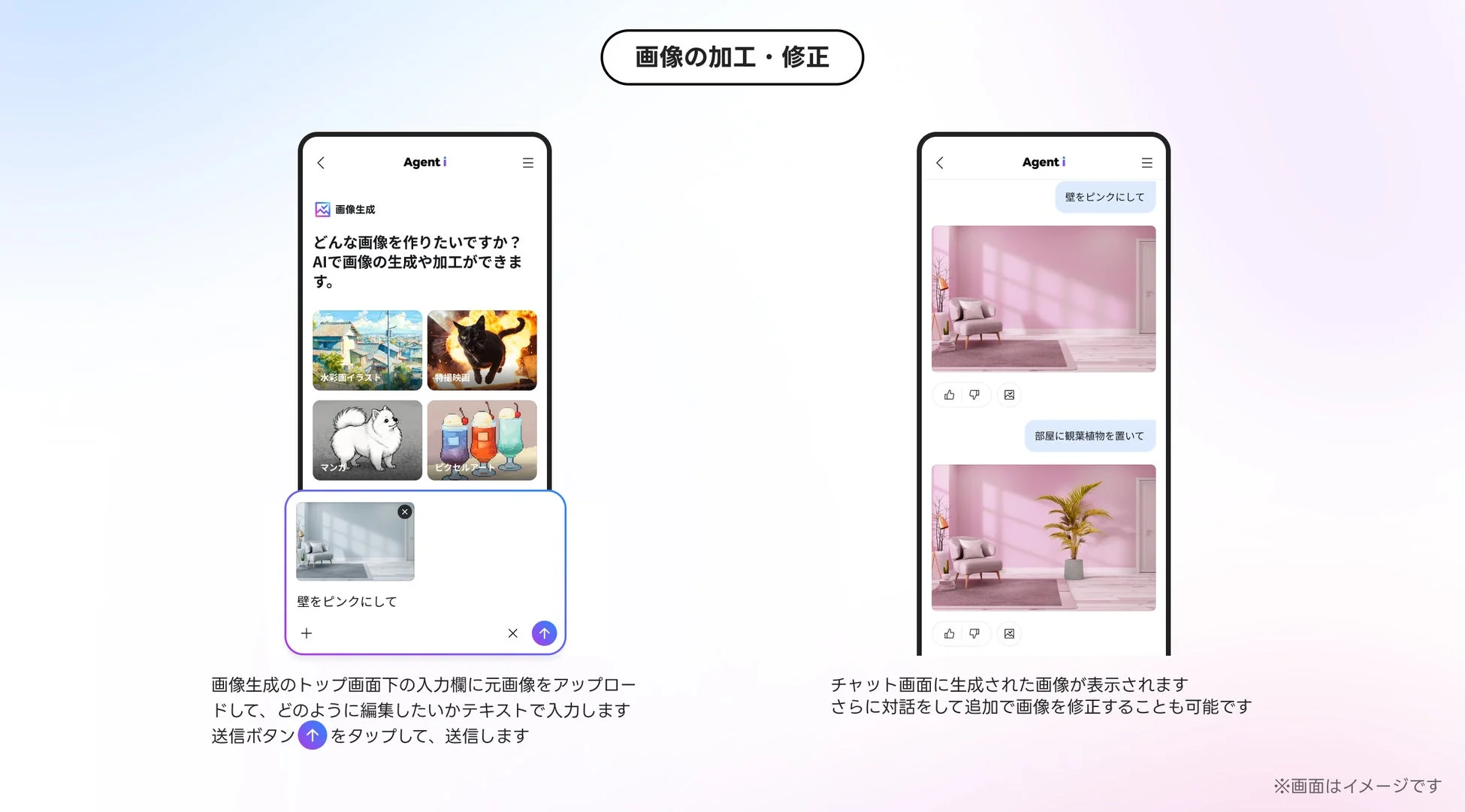 AIアシスタント「Agent i」の画像加工・修正機能を示すUI画面です。