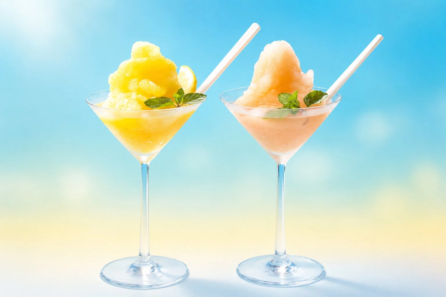 レモンとミントで飾られた黄色とオレンジ色の2つのフローズンドリンク