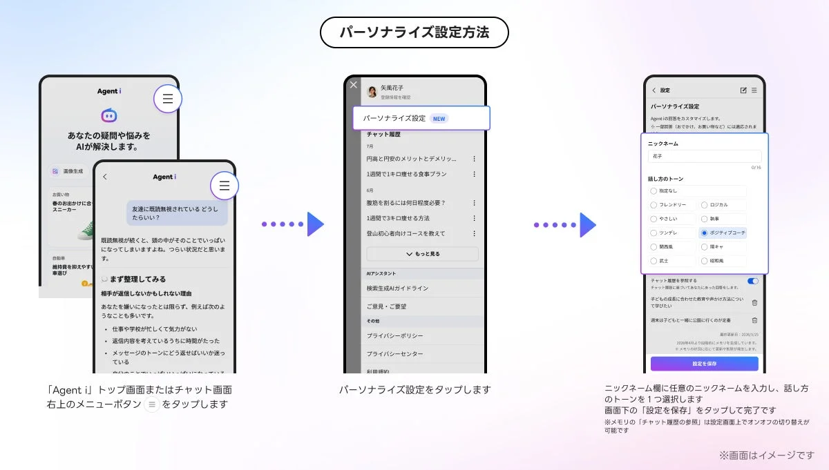 AIチャットアプリ「Agent i」のパーソナライズ設定方法を解説する画像