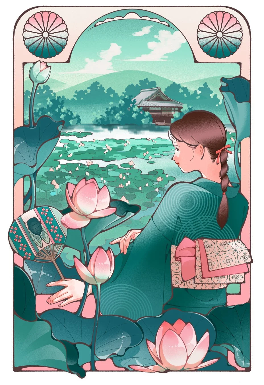 着物を着た女性が蓮の花が咲き誇る池を眺めているイラスト