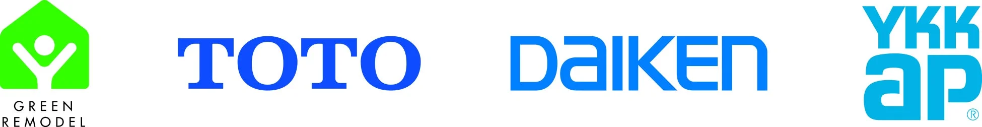 TOTO、Daiken、YKK apのロゴとグリーンリモデルのロゴ