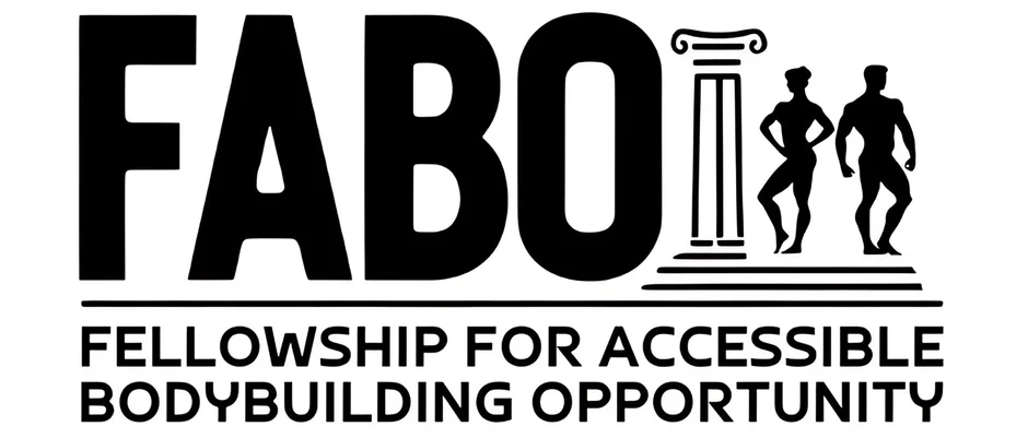 「FABO」というロゴと「FELLOWSHIP FOR ACCESSIBLE BODYBUILDING OPPORTUNITY」の文字が描かれた画像です。古典的な柱と男女のボディビルダーのシルエットが特徴で、アクセシブルなボディビルディングの機会を象徴しています。