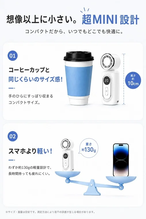 想像以上に小さい。超MINI設計 コンパクトだから、いつでもどこでも快適に。