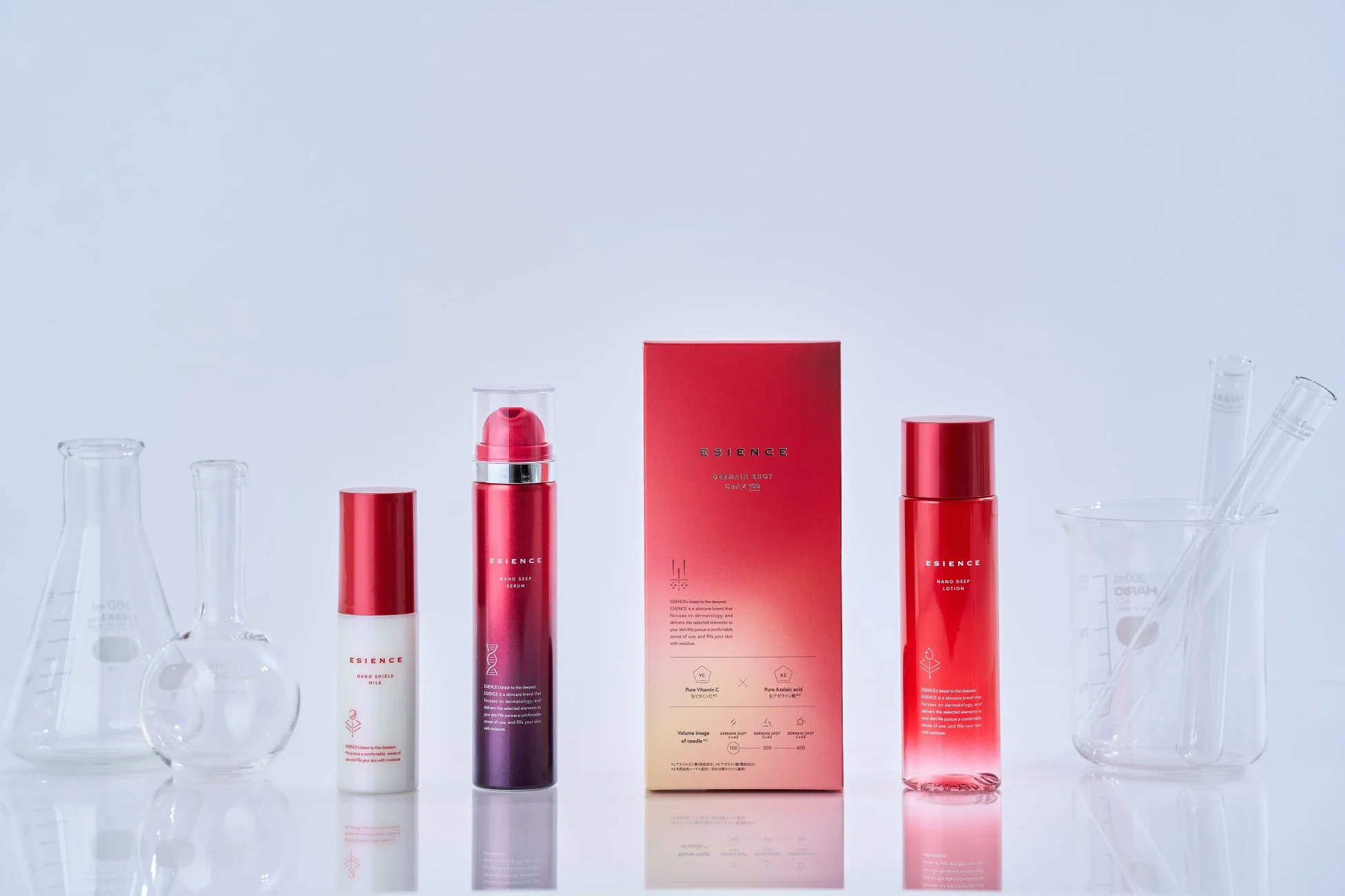 ESIENCE NANO SHIELD MILK ESIENCE NANO SEEP SERUM ESIENCE GERMAIN SHOT CREAM 10G Pure Vitamin C Pure Azelaic acid Volume image of needle 100 200 600 ESIENCE NANO DEEP LOTION ESIENCE is a skincare brand that focuses on dermatology, and delivers the selected elements to fill your skin with moisture. ESIENCE is a skincare brand that focuses on dermatology, and delivers the selected elements to fill your skin with moisture, to make you feel comfortable and confident in your skin.