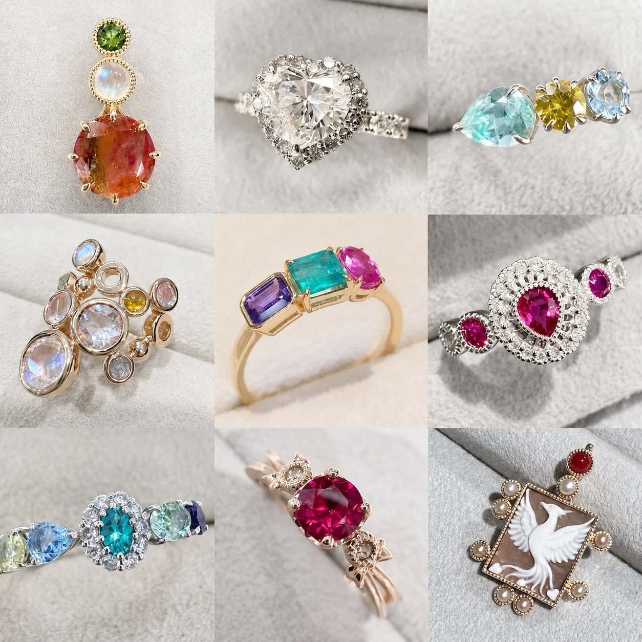 様々な色とデザインの宝石が散りばめられたリングやペンダントなど、多様なジュエリーが美しく並べられた画像