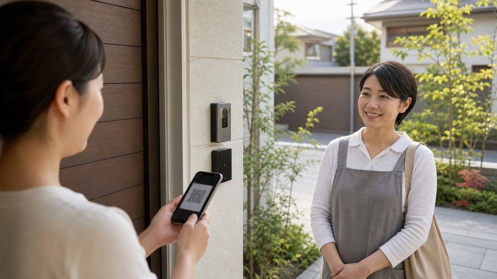 女性がスマートフォンのQRコードを使って玄関のインターホンシステムを操作しており、エプロン姿の別の女性が笑顔で立っている
