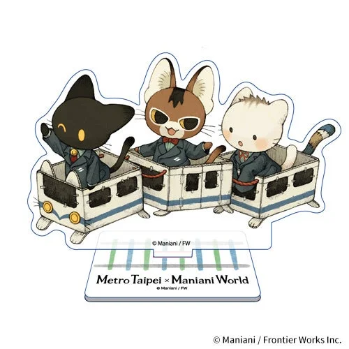 スーツ姿の可愛い猫のキャラクター3匹が、電車のような箱に乗って並んでいるイラストのアクリルスタンド